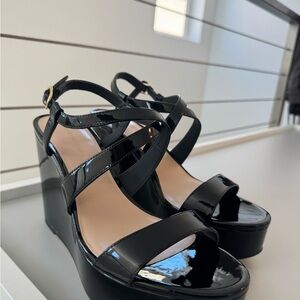 Stuart Weitzman Black Patent Leather Wedge Sandals